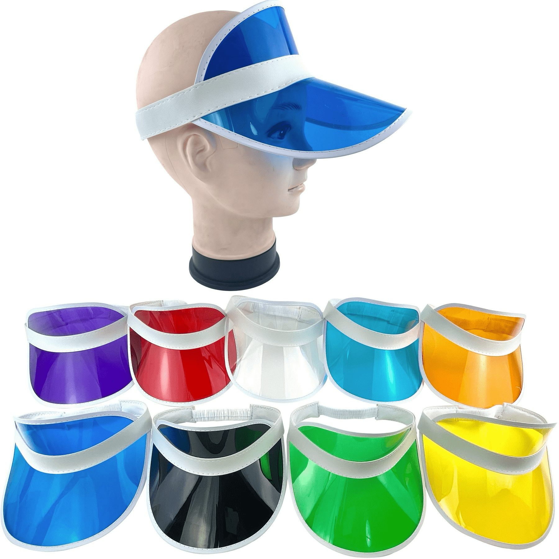 A collection of sun visors in various colours, featuring UV protection and a white band, displayed on a head model. Sun Visors with UV Protection - Image 1