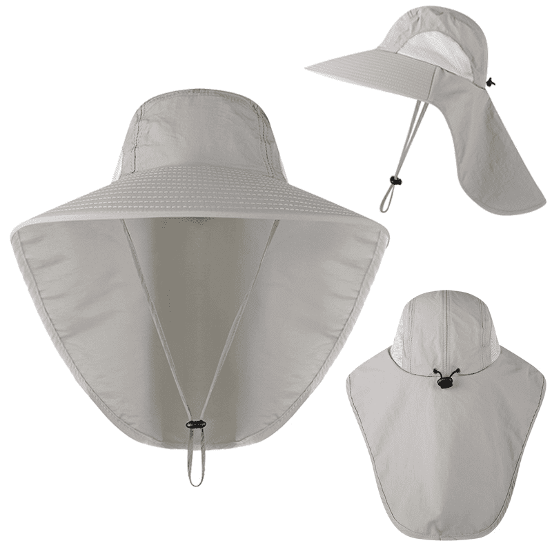 Wide brim bucket hat in light grey featuring a neck flap and an adjustable drawstring. Includes branding on the hat. Wide Brim Bucket with Neck Flap - Image 1