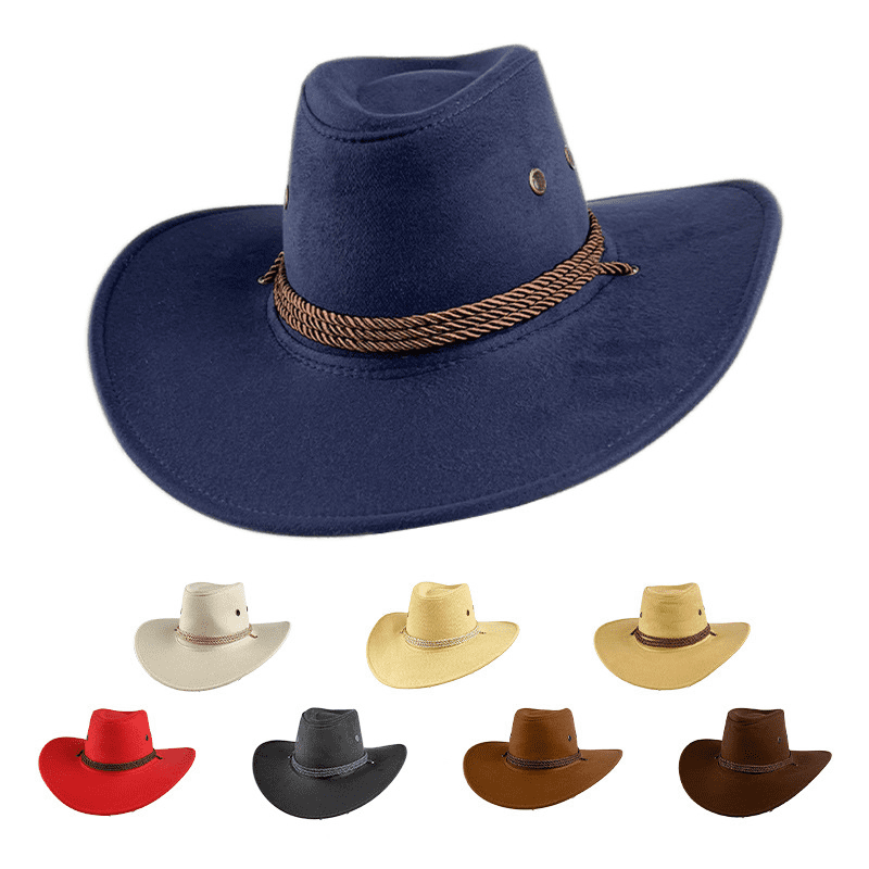 A navy cowboy hat featuring a braided band, surrounded by various coloured cowboy hats including red, beige, and black. Cowboy Hat - Image 1