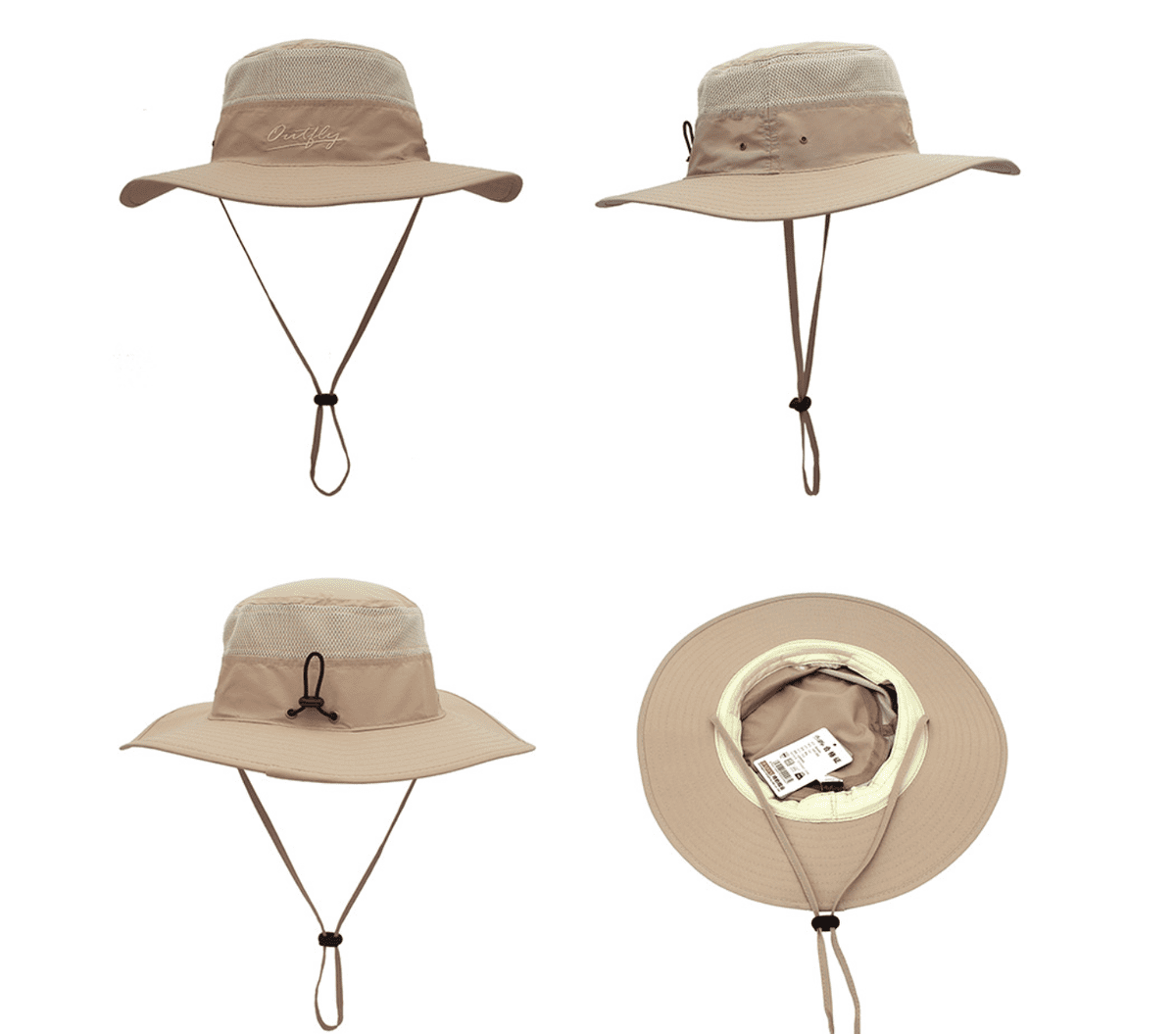 A tan bucket hat with a wide brim, mesh detailing, and a chin strap. It features a logo and multiple views. Sun Bucket Hat - Image 1