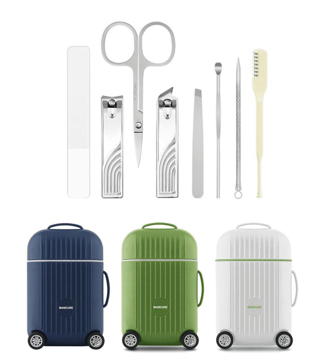 A luggage-shaped manicure set featuring scissors, nail clippers, a file, tweezers, and a tool, in blue, green, and white. Luggage Shaped Manicure Set - Image 1