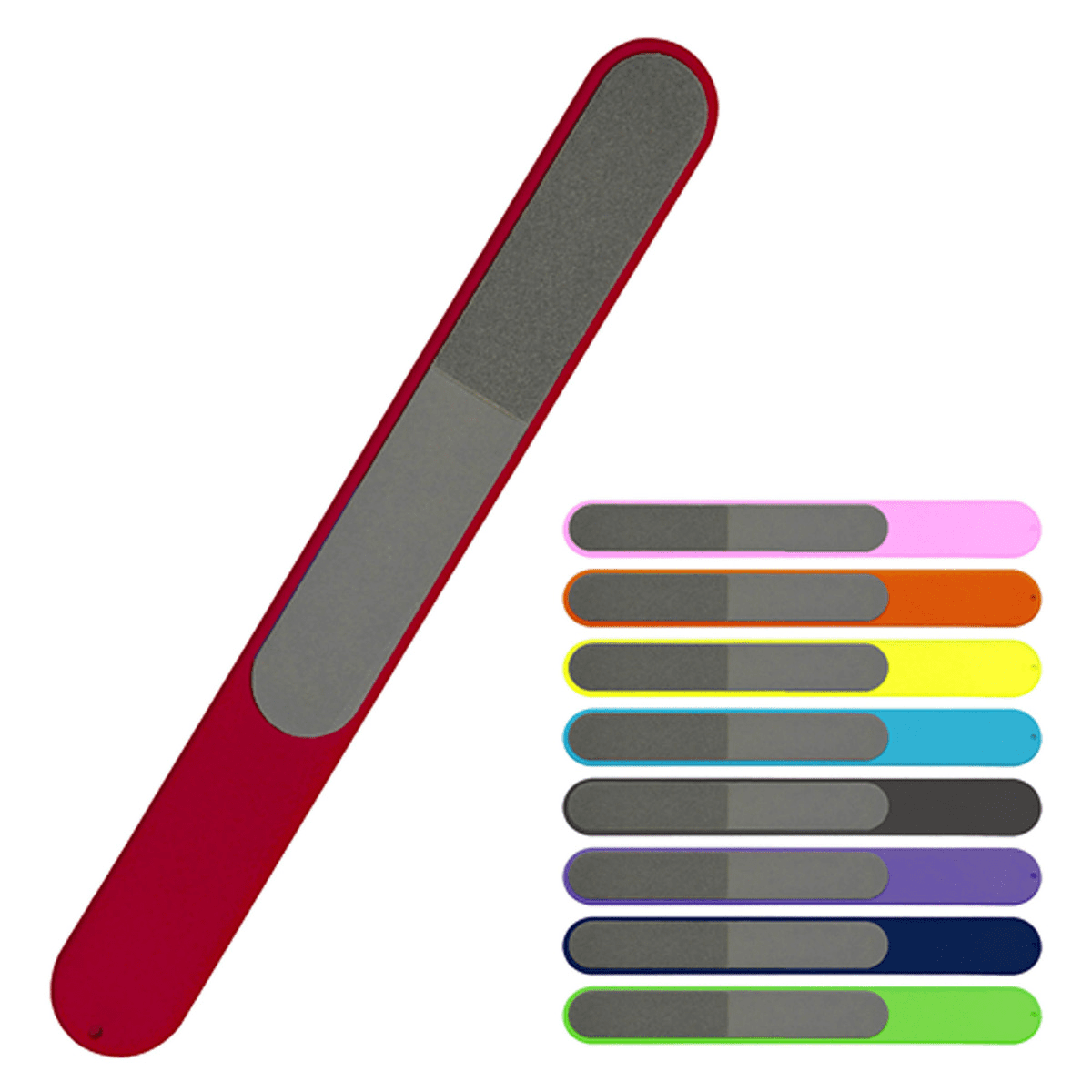 A red nail file with a textured surface, accompanied by a variety of coloured nail files in shades like pink, blue, and green. Nail File - Image 1