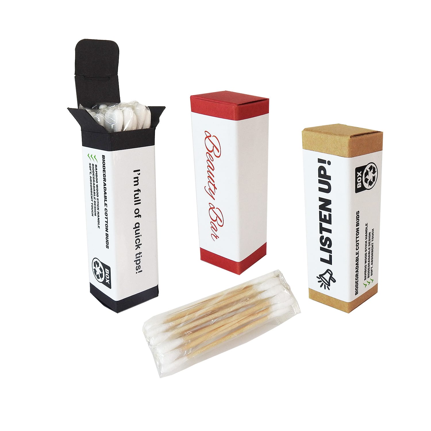 Four boxes of cotton tips in various colours—black, red, and brown—containing multiple cotton tips, with one box open. Cotton Tips in Box - Image 1