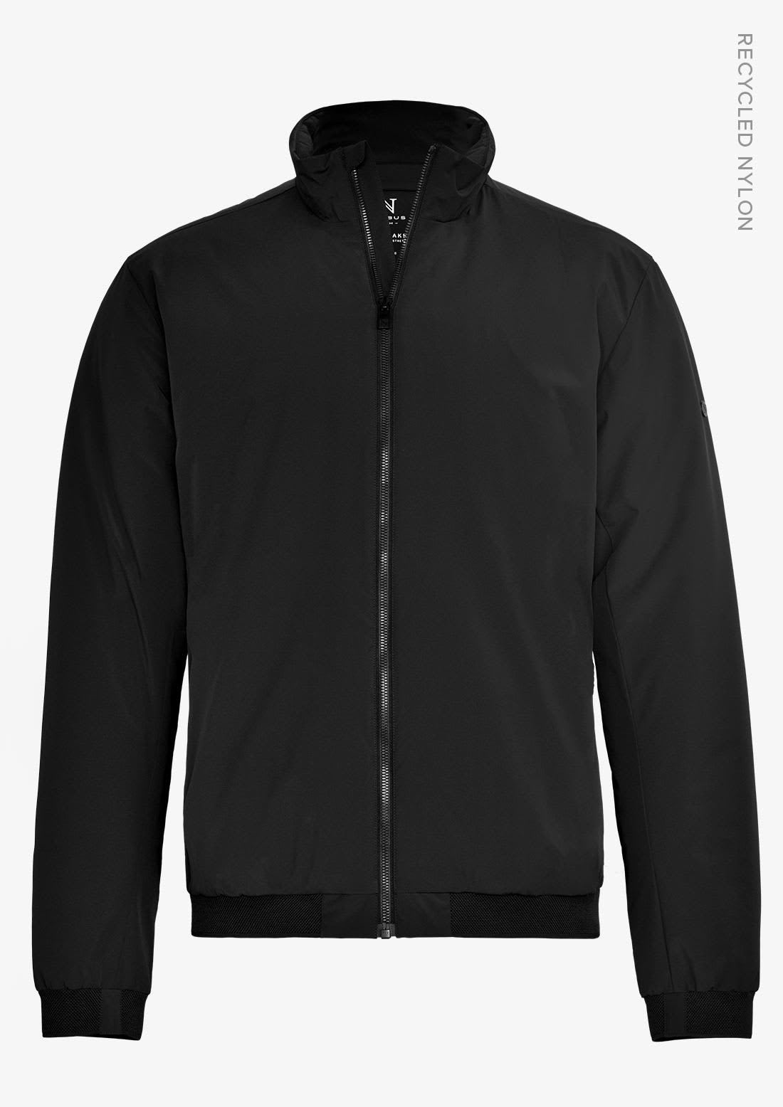 A black men's jacket featuring a zip front and a stand collar, made from recycled nylon. The jacket has a logo. Eastlake Men Jacket - Image 1