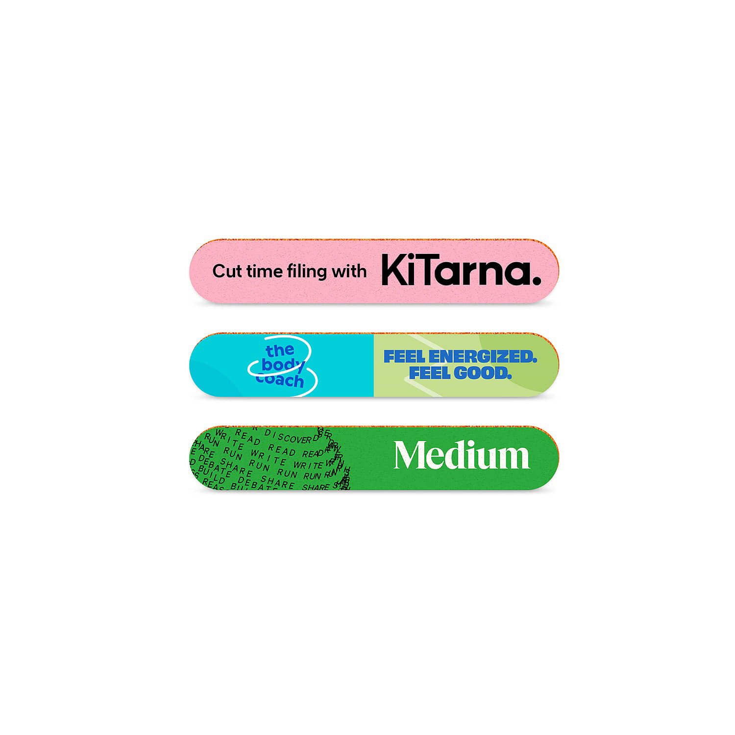 A set of three mini emery boards in pink, green, and light green, featuring branding and text. Emery Board (Mini) - Image 1