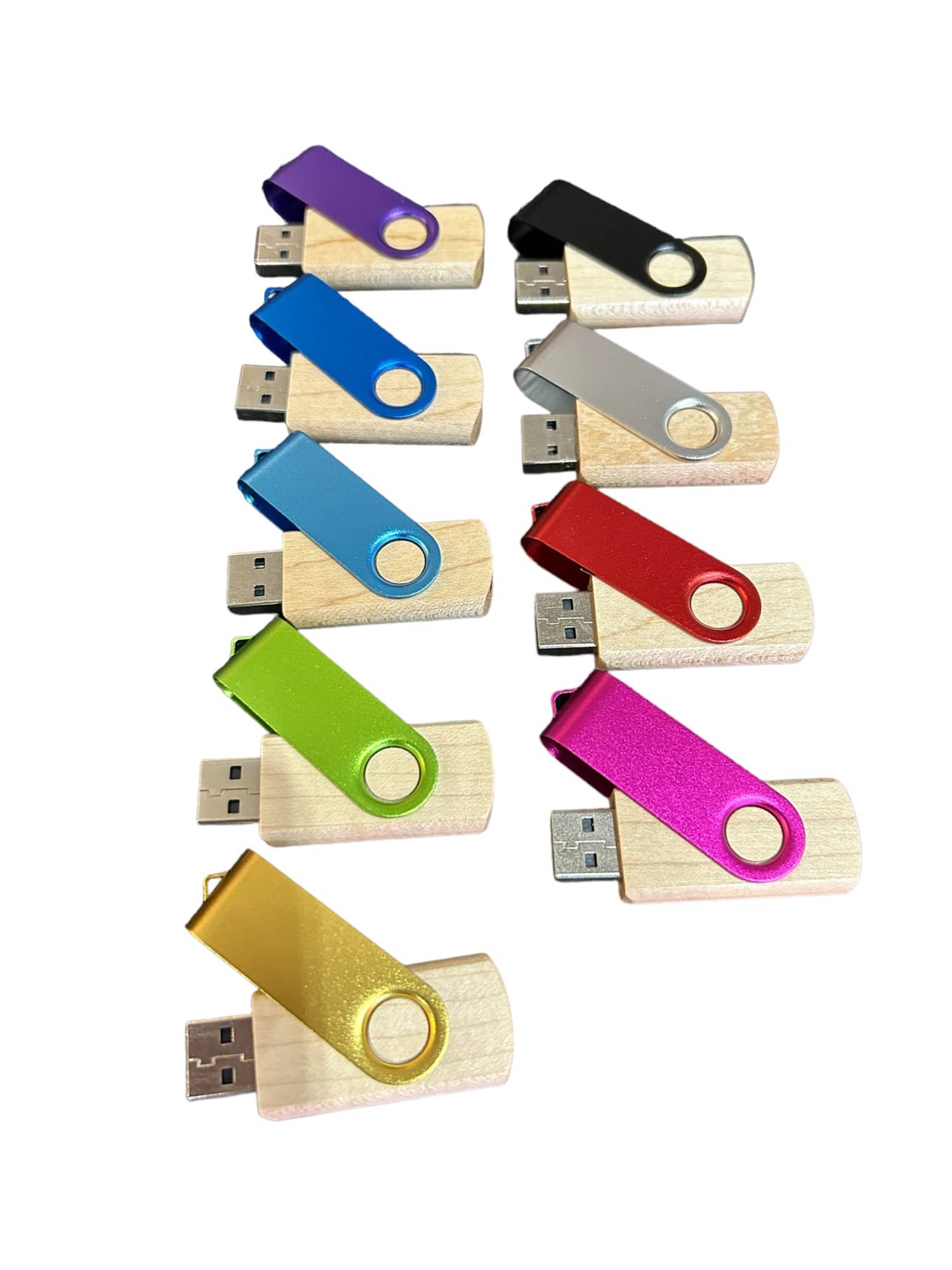 A collection of 10 wooden flash drives in various colours, each with a coloured swivel cap and a USB connector. Elements 4GB Wooden Flash Drive - Image 1