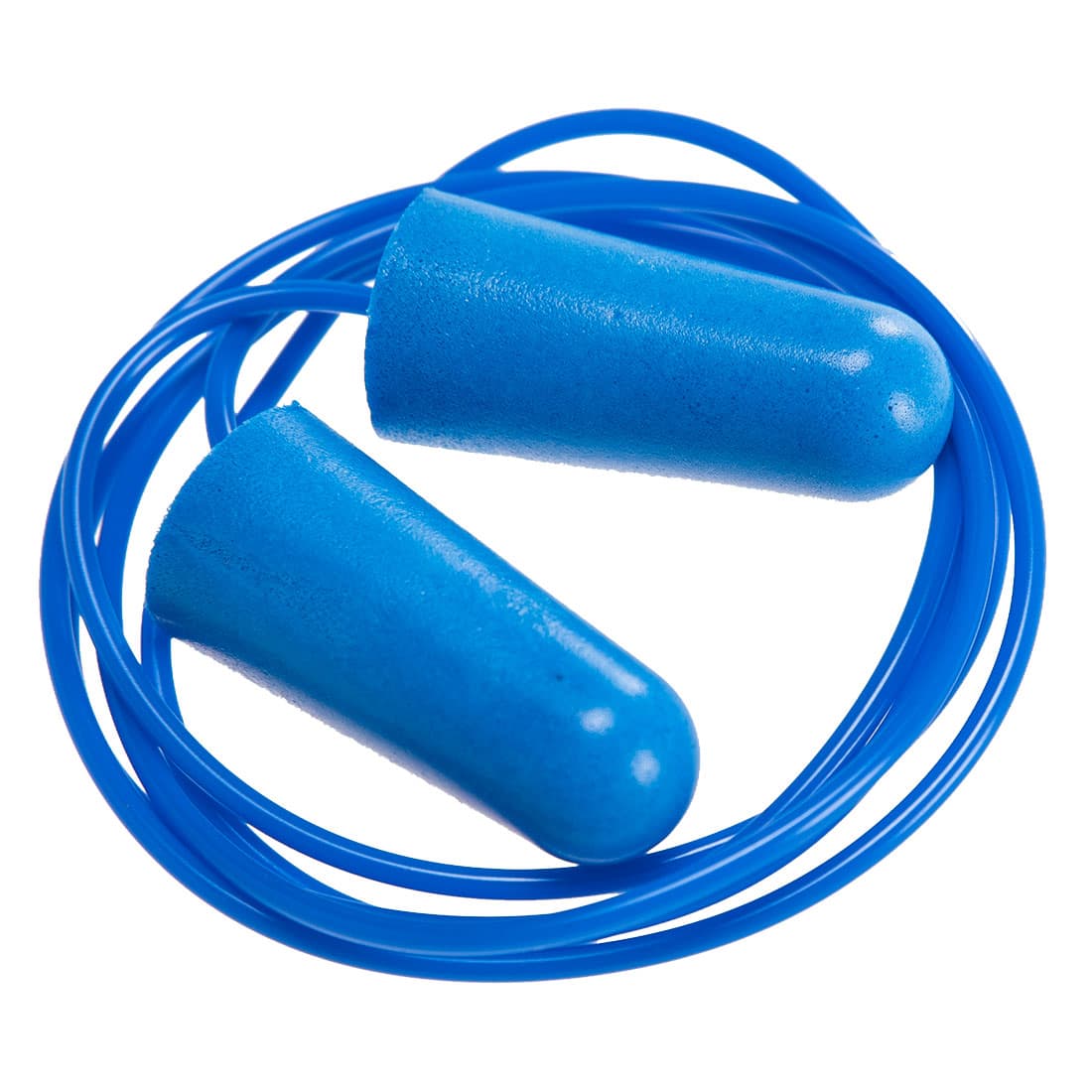 Blue ear plugs with a connector cord arranged together on a white background. Detectable Corded PU Foam Ear Plugs (200 pairs) - Image 1