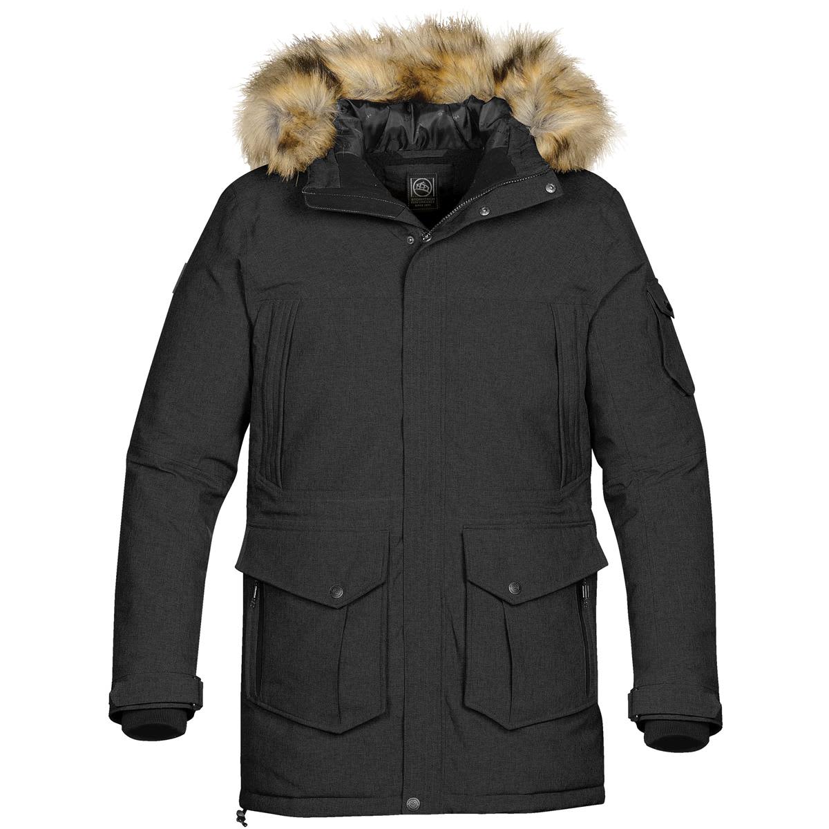 A black expedition parka with a faux fur hood, featuring multiple pockets and a zip closure. Men's Explorer Parka - Image 1