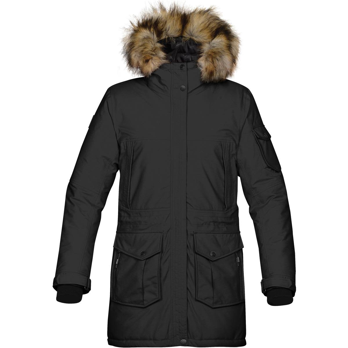 A black women's parka jacket featuring a fur-lined hood and multiple front pockets, with a branding logo present. Women's Explorer Parka - Image 1