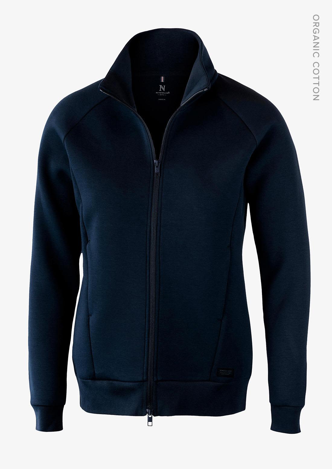 A navy jacket with a full zip and high collar, featuring a logo, made from organic cotton. Eaton Women Jacket - Image 1