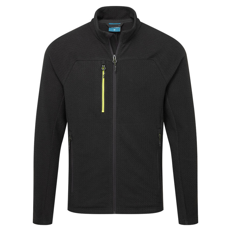 A black textured fleece jacket featuring a zip front, stand-up collar, and a yellow zip detail on the chest. EV4 Textured Fleece - Image 1