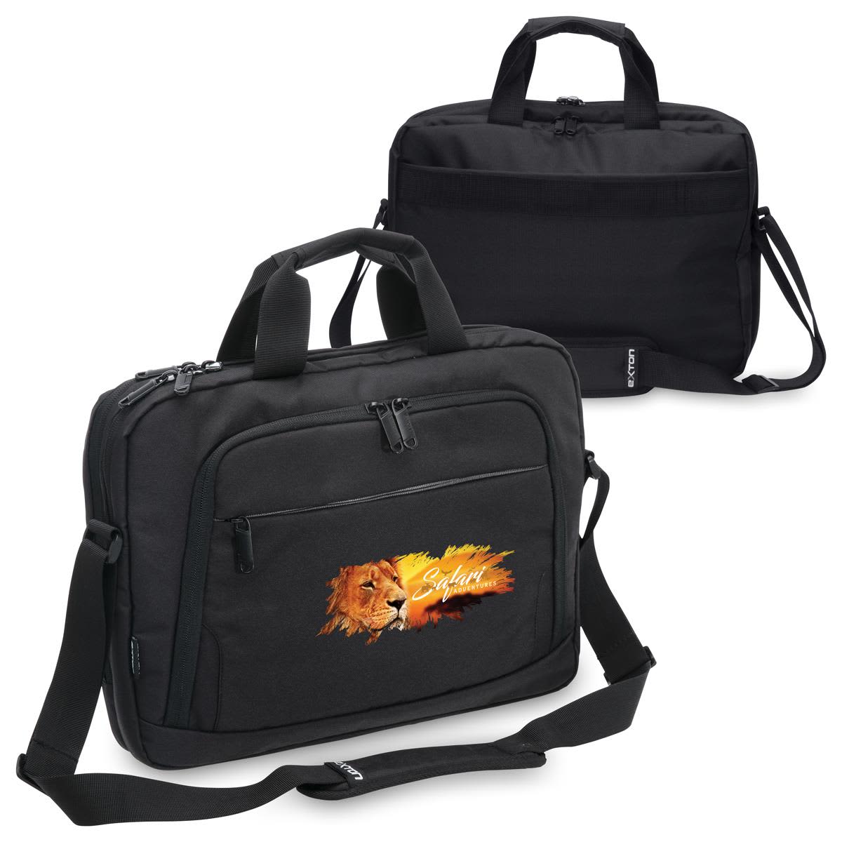 A black laptop bag with a front pocket featuring a lion graphic and detachable shoulder strap. Exton Business Satchel - Image 1