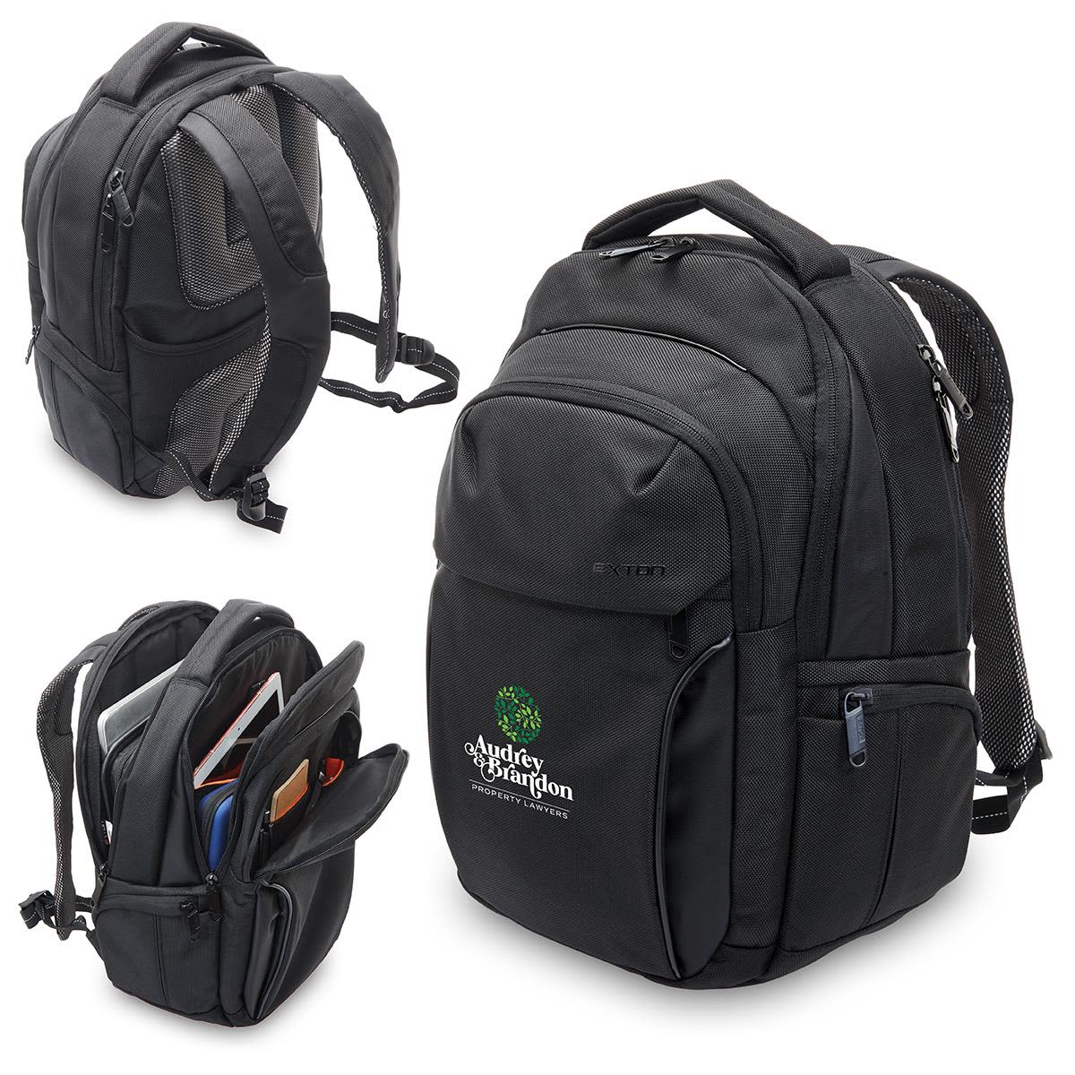 A black Exton Laptop Backpack with multiple compartments, padded straps, and a logo on the front. Exton Laptop Backpack - Image 1
