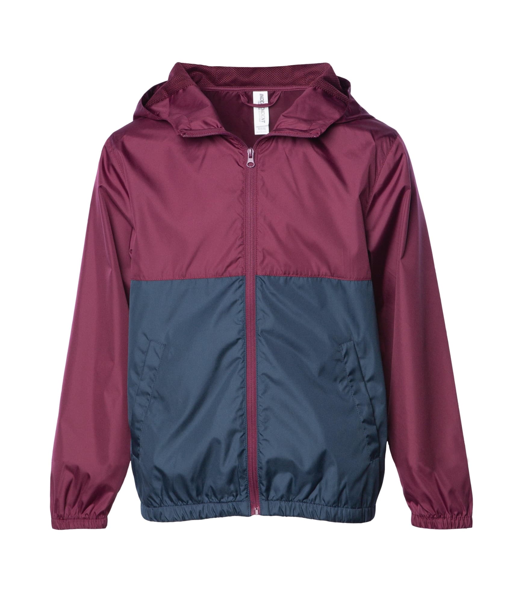 A maroon and navy lightweight windbreaker jacket with a hood and front zipper, featuring a logo. Youth Lightweight Windbreaker Jacket - Image 1