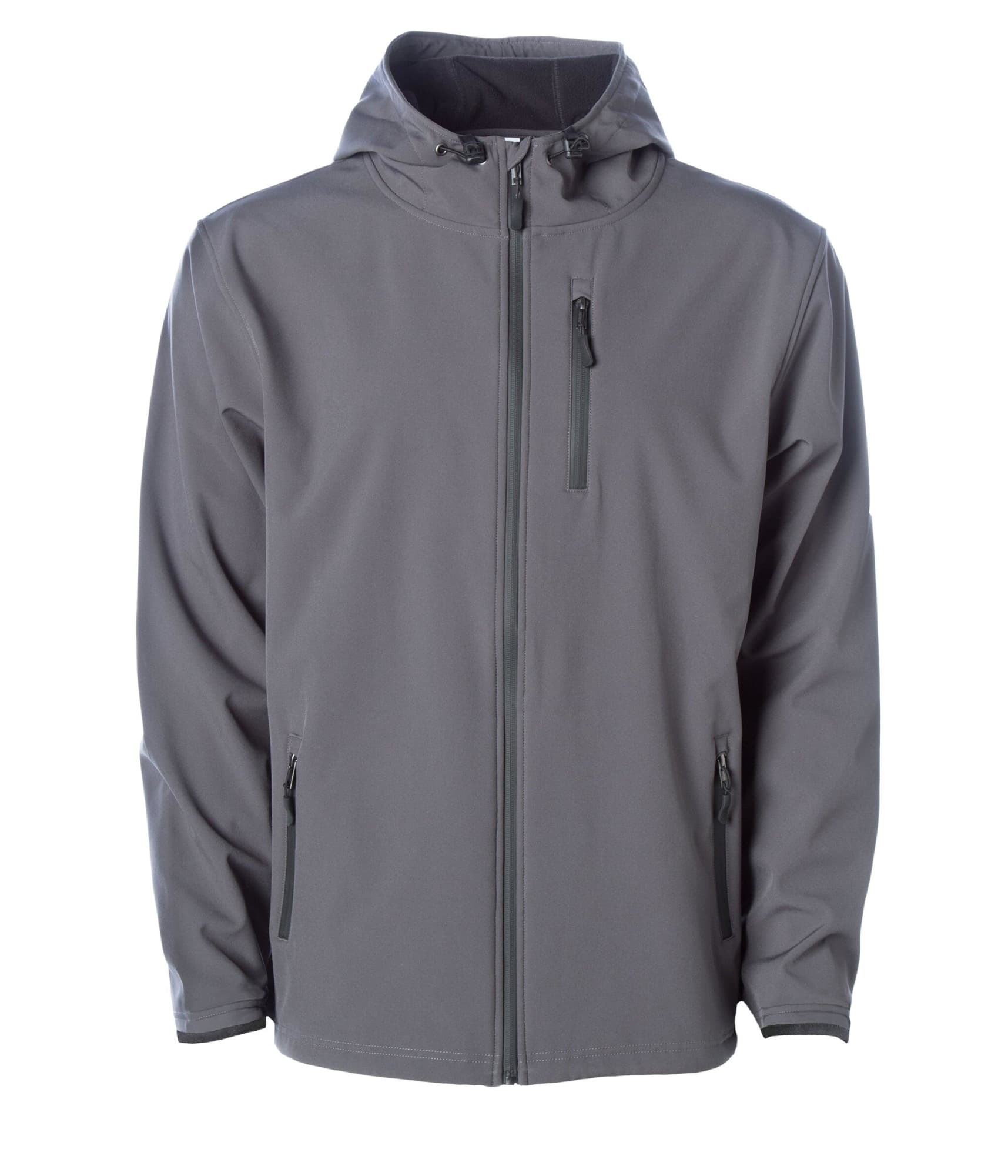 A grey men's soft shell poly zip jacket featuring a hood and zippered pockets. It has a logo on the front. Mens Soft Shell Poly Zip Jacket - Image 1