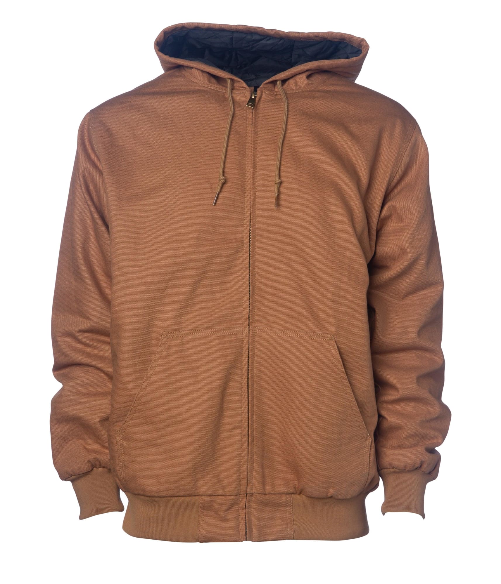 A brown Kodiak duck canvas work jacket with a hood and front pockets, featuring a quilted black lining. Kodiak Duck Canvas Work Jacket - Image 1