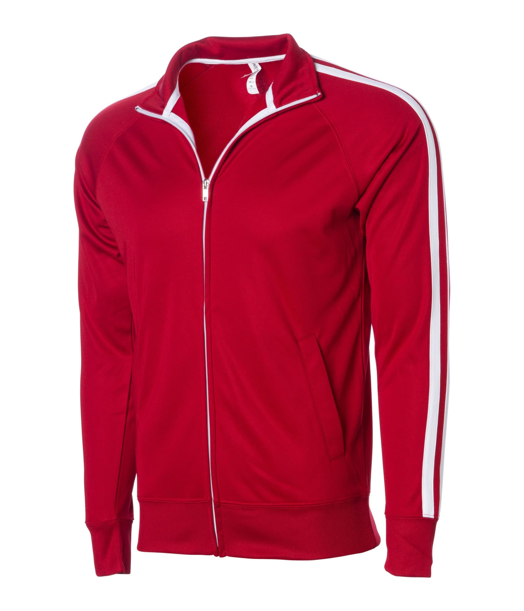 A red adult unisex poly zip track jacket featuring white stripes and a zipper front. It includes a logo on the chest. Adult Unisex Poly Zip Track Jacket - Image 1