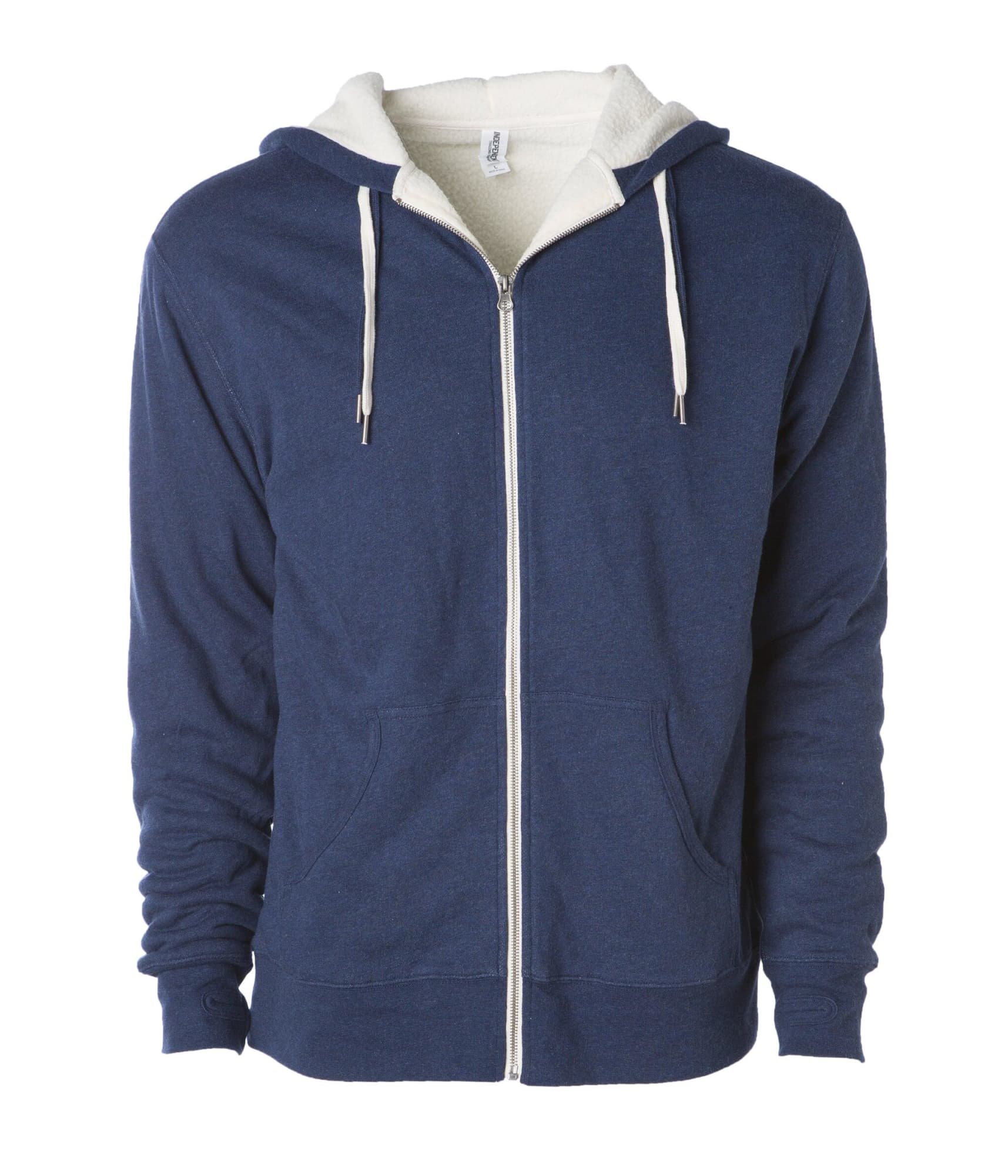 A unisex navy hoodie with a Sherpa lining and a zip front, featuring a light-coloured inner and a logo. Unisex Sherpa Lined Zip - Image 1