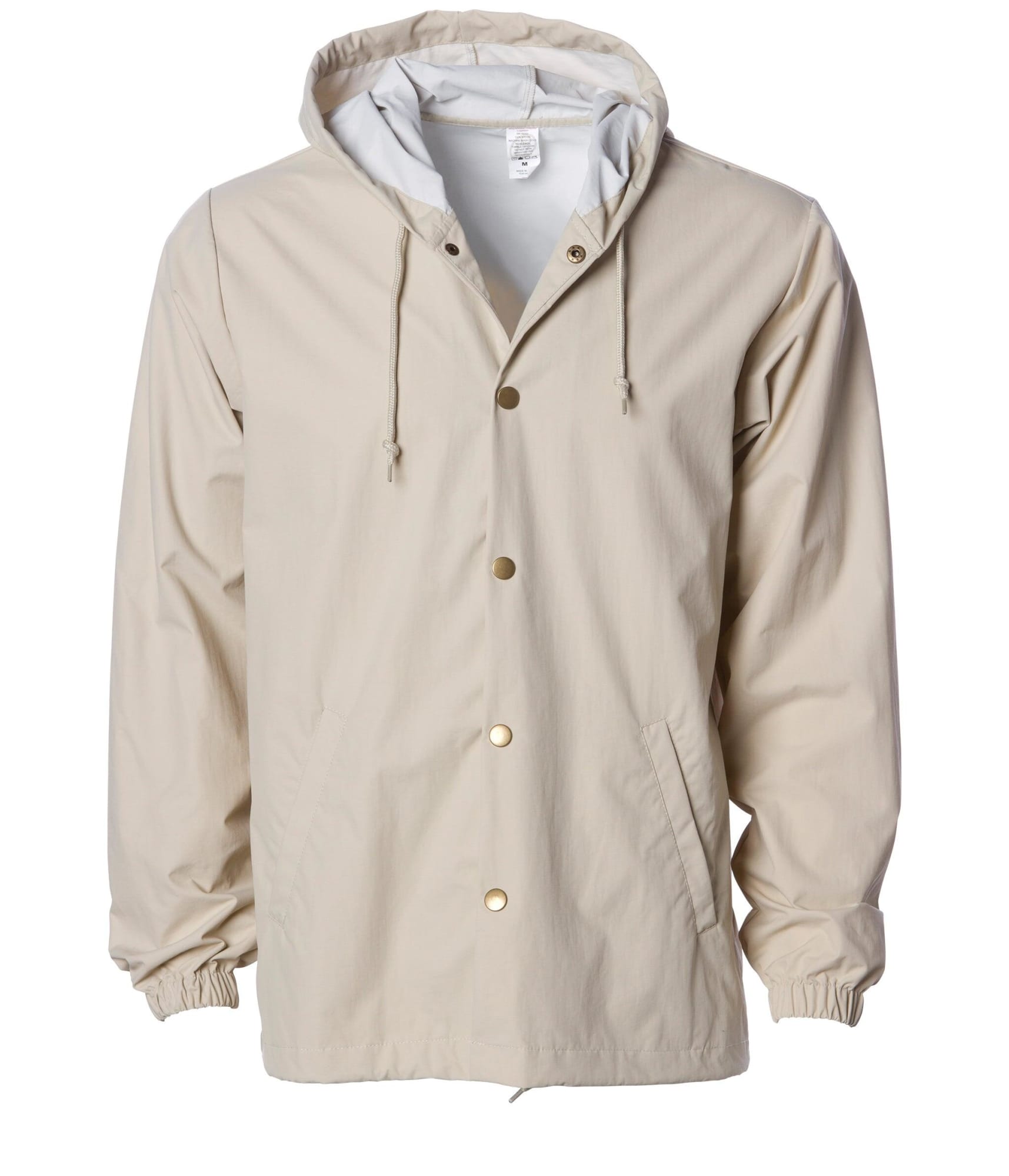A mens nylon hooded windbreaker in beige with a grey interior, featuring a front button closure and pockets. Mens Nylon Hooded Windbreaker - Image 1
