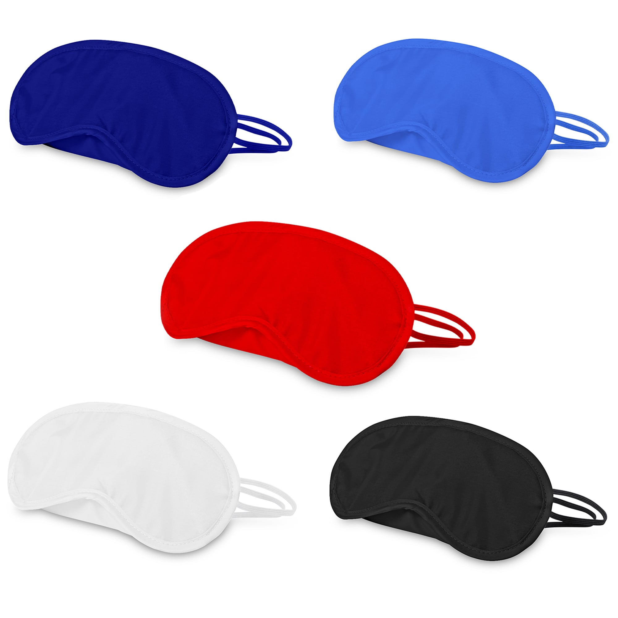 A collection of eye masks in red, blue, black, white, and a darker blue, featuring elastic straps and a logo. Eye Mask - Image 1