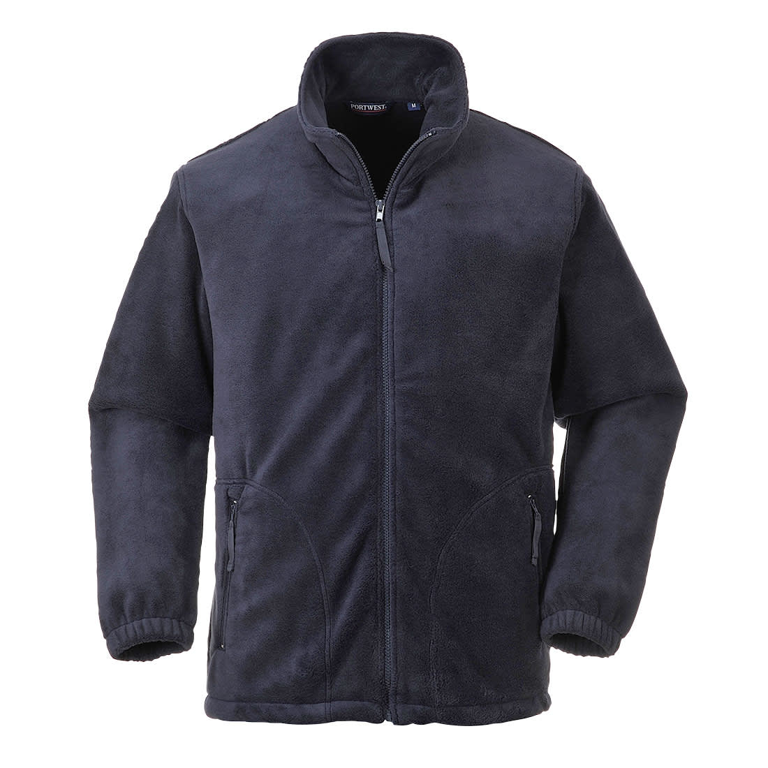 A navy blue polar fleece jacket featuring a zip front and side pockets, with a collar and elasticated cuffs. Aran Fleece Jumper - Image 1