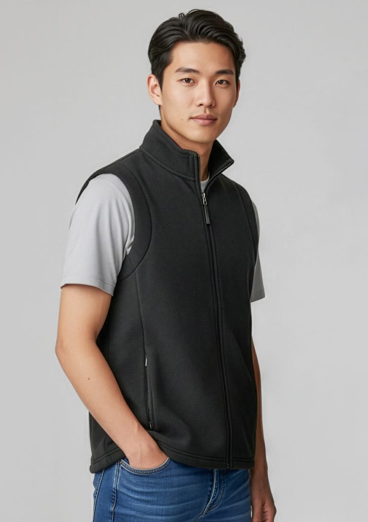 A black micro fleece vest for men with a zip front and side pockets, worn over a grey short-sleeve top. Mens Plain Vest - Image 1