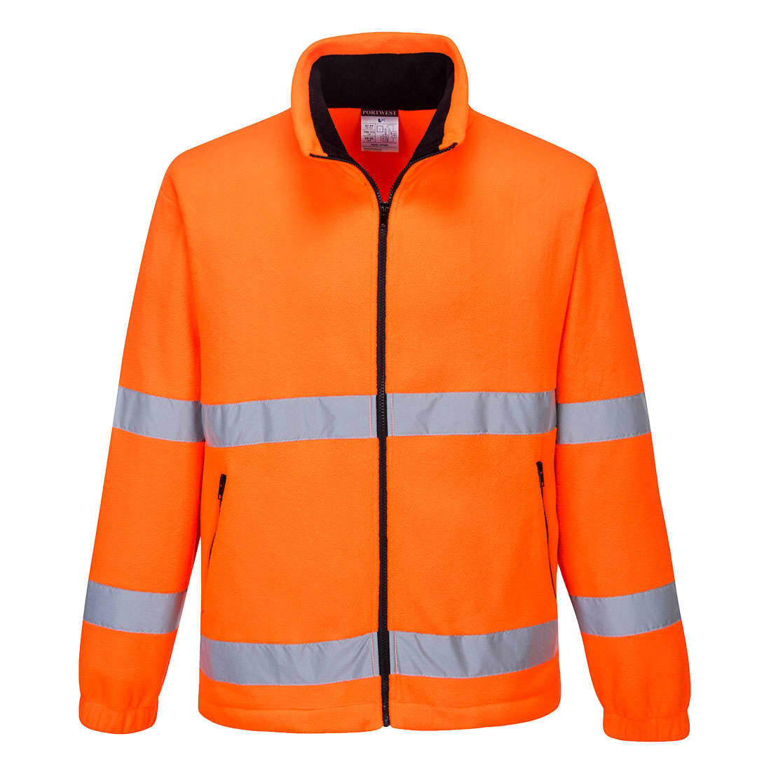 A bright orange fleece jacket with reflective strips and a zip front. The jacket features a collar and has a logo. Hi-Vis Essential Polar Fleece - Image 1
