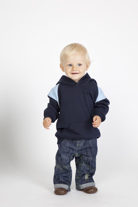 A navy blue hoodie with light blue contrast panels, worn by a smiling toddler in jeans. Kids Shoulder Contrast Panel Hoodies - Image 1