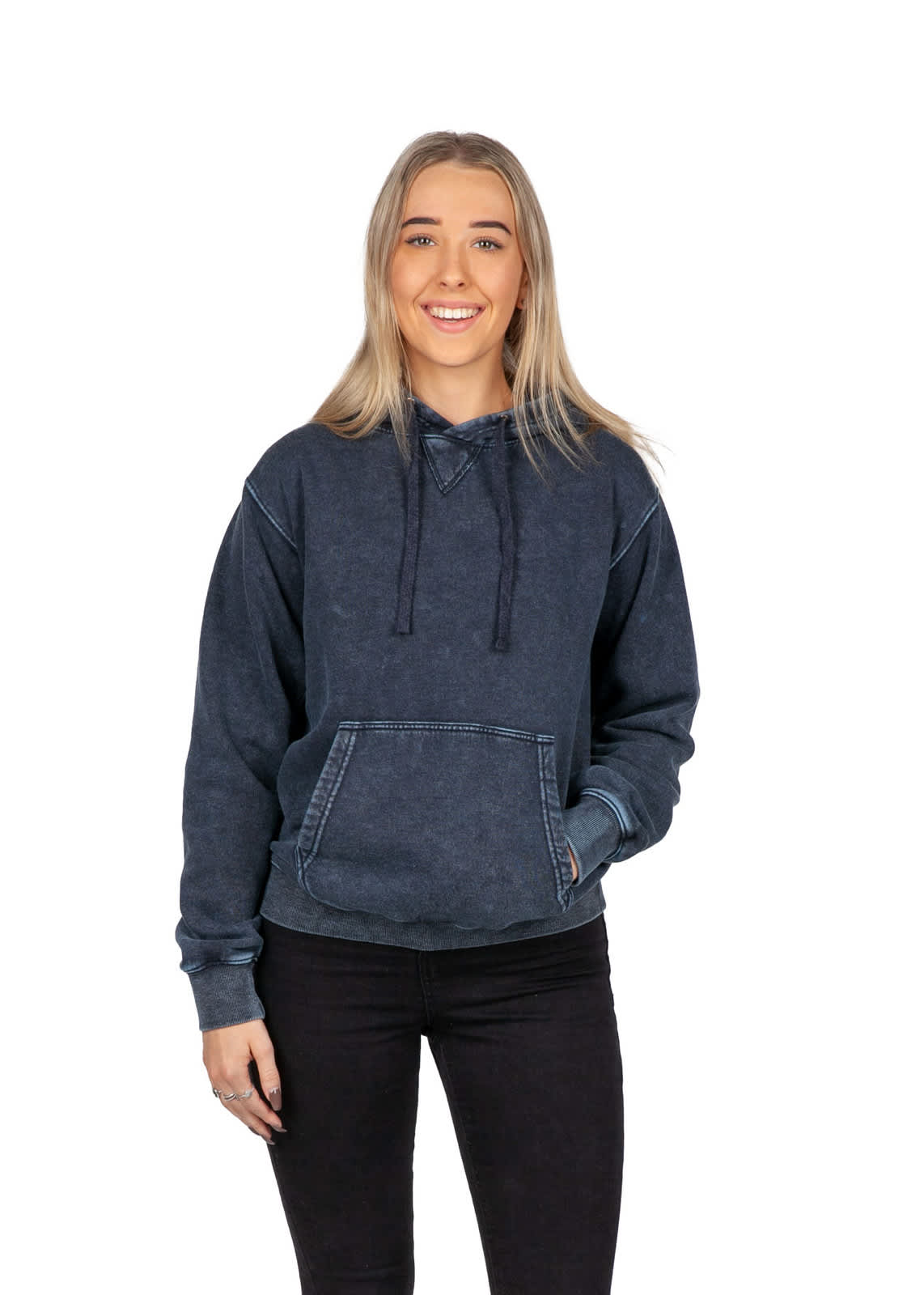 A woman wearing a navy stone wash fleece hoodie, featuring a kangaroo pocket and drawstrings. Womens'/Junior's Stone Wash Fleece Hoodie - Image 1