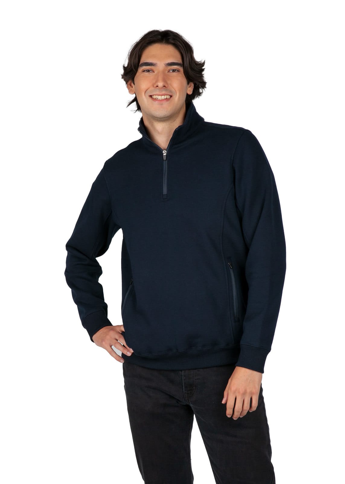 A navy blue half zip fleece jumper featuring a stand-up collar and side pockets, modelled by a man. Men's Enterprise Half Zip Fleece - Image 1
