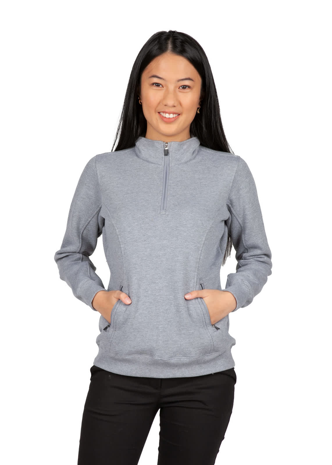 A women's grey half zip fleece jumper with side pockets, featuring a fitted design and a collar. It has a logo. Womens' Enterprise Half Zip Fleece - Image 1