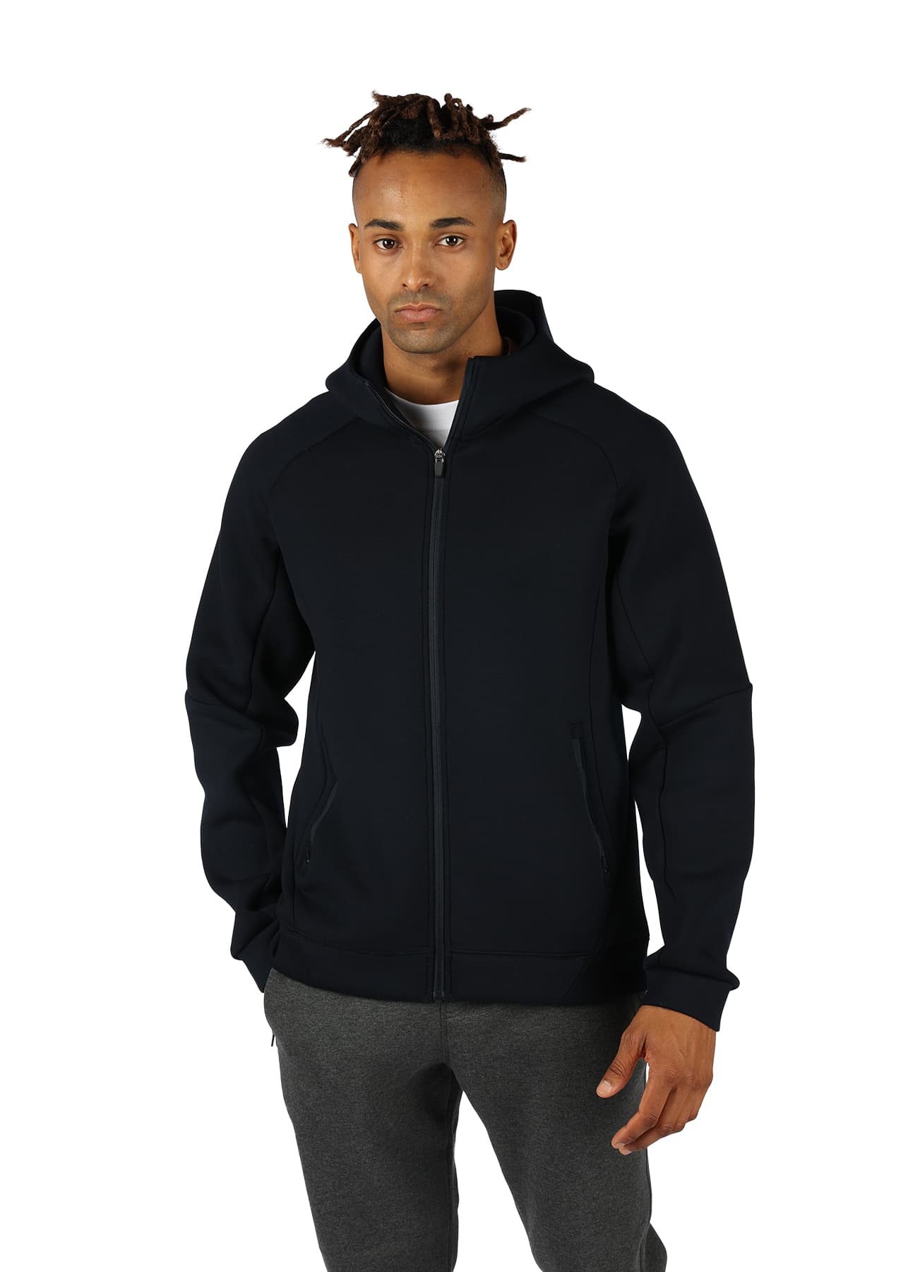 A black hoodie with a zip front and hood, featuring side pockets and a branded logo. Men's Meta Hoodie - Image 1