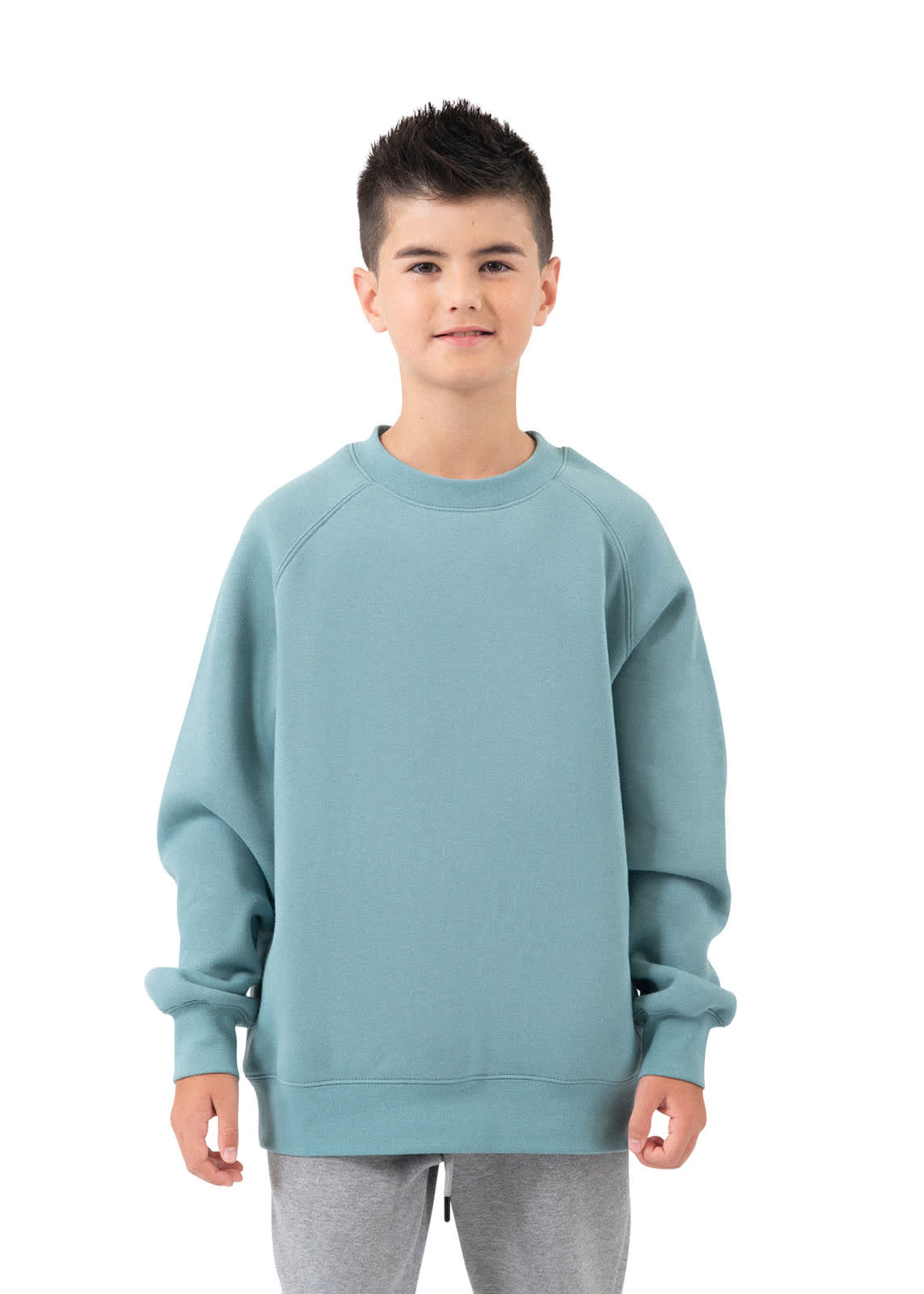 A boy wearing a light blue cotton sweatshirt with a relaxed fit and long sleeves. The sweatshirt has a logo. Kids' Cotton Care Sweatshirts - Image 1