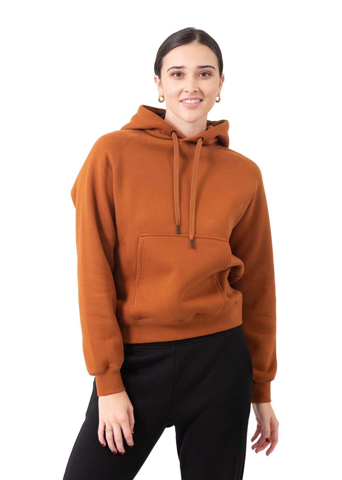 A women's junior kangaroo pocket hoodie in a rich brown colour, featuring a hood and relaxed fit. Womens/Junior Cotton Care Kangaroo Pocket Hoodie - Image 1