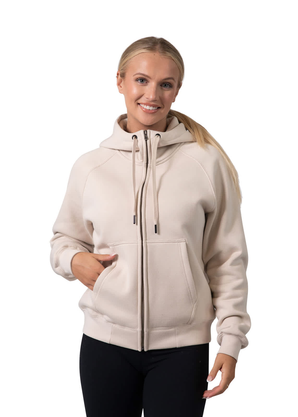 A beige women's cotton hoodie with a kangaroo pocket and zipper, featuring a logo on the chest. Womens/Junior' Cotton Care Kangaroo Pocket Zipper Hoodie - Image 1
