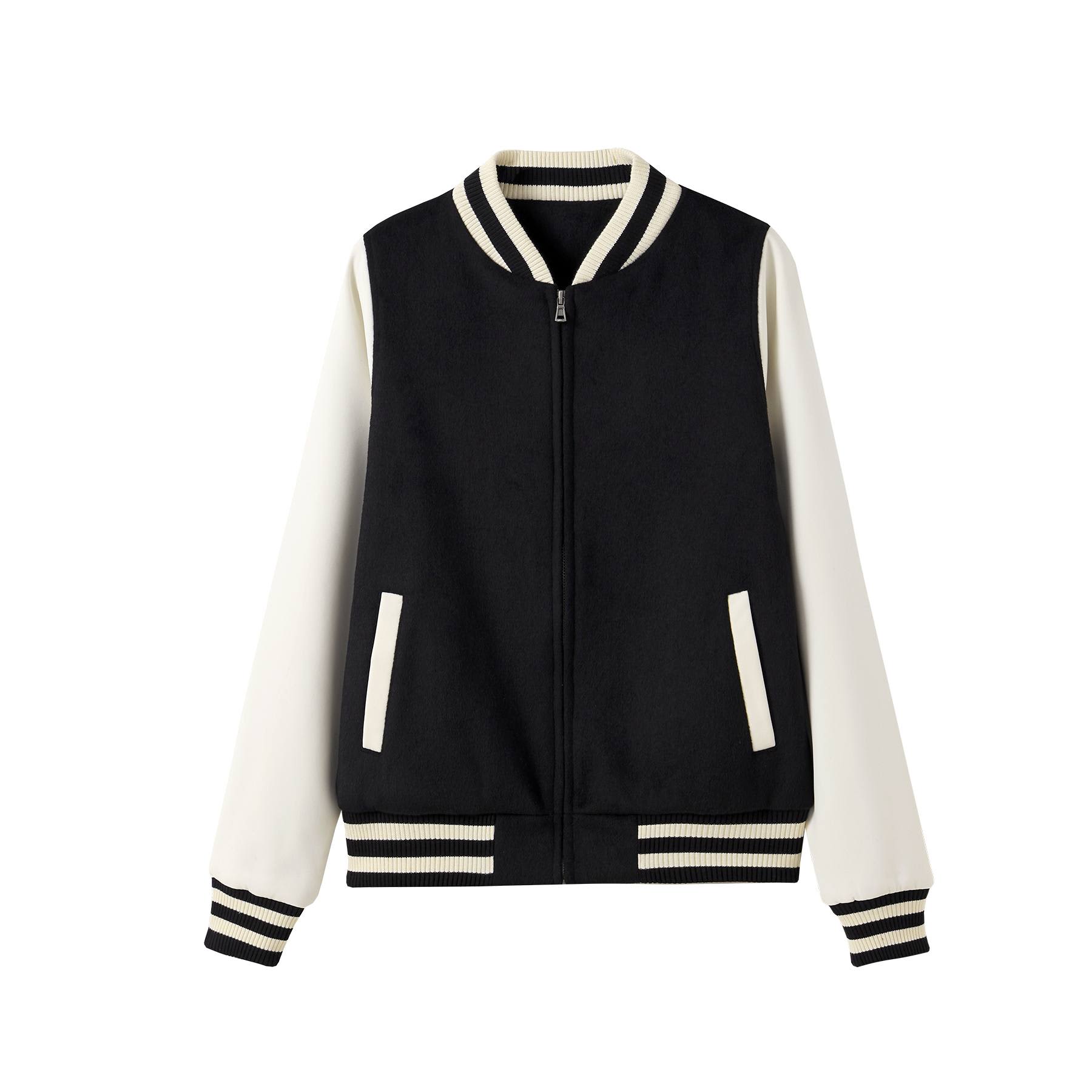 A black and cream wool blend varsity jacket with a zip front, ribbed collar, and striped cuffs. It features side pockets and a logo. 500gsm Women's/Junior Wool Blend Soft Shell Varsity Jacket - Image 1