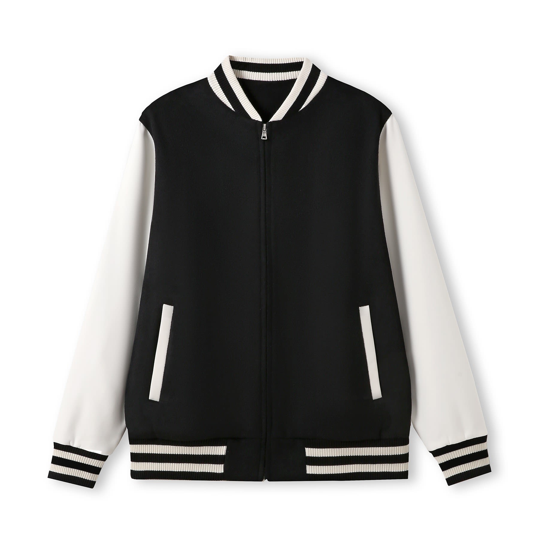 A men's/unisex varsity jacket in black with white sleeves and striped cuffs. Features side pockets and a zip closure. 500gsm Men's/Unisex Wool Blend Soft Shell Varsity Jacket - Image 1