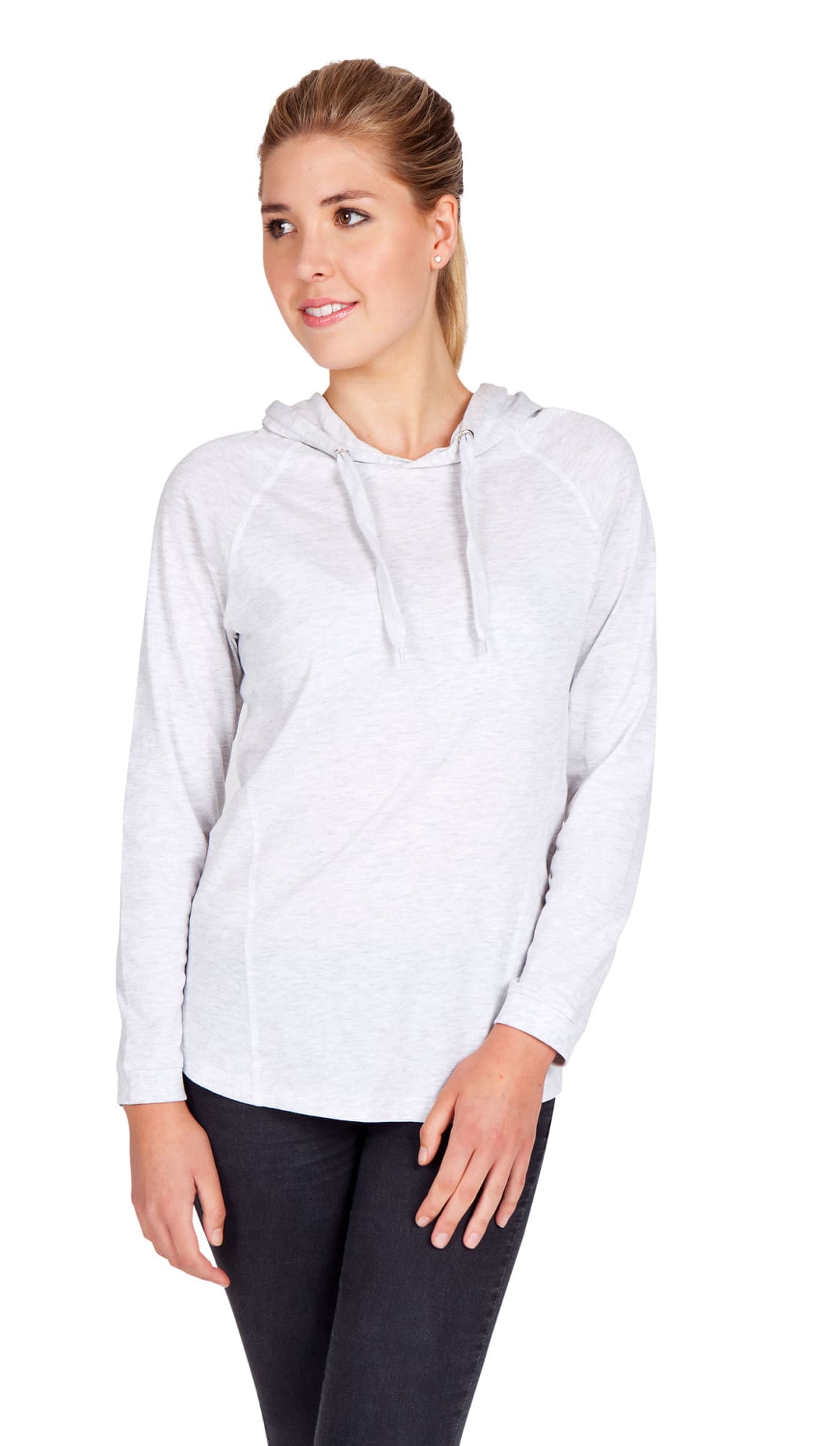 A light grey women's hoodie featuring a relaxed fit and a drawstring hood, displayed on a model. Women's fusion T-shirt Hoodie - Image 1