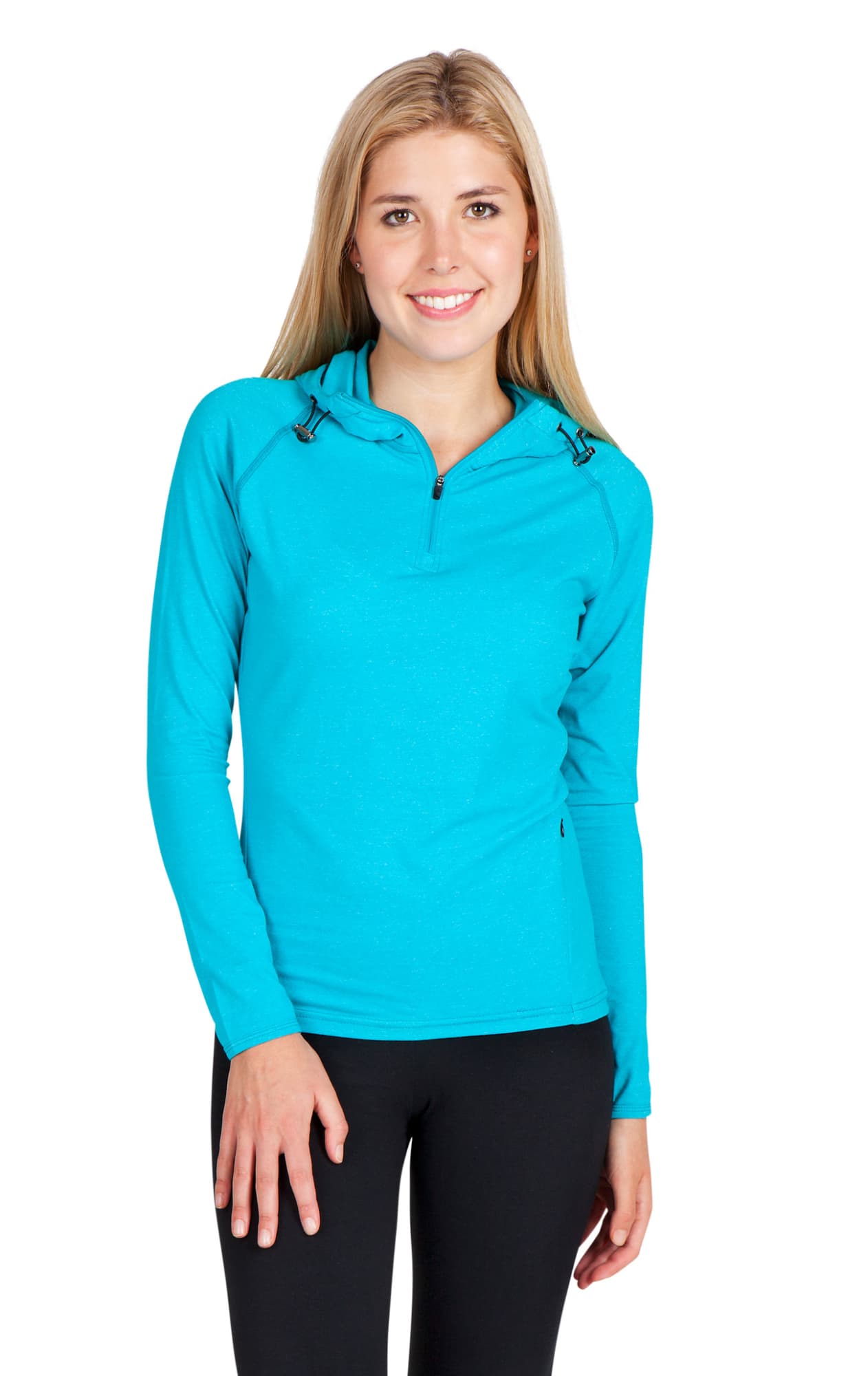 A turquoise half-hood top for women, featuring long sleeves and a zip neckline, with a subtle branding detail. Women's Greatness Half-Hood Top - Image 1