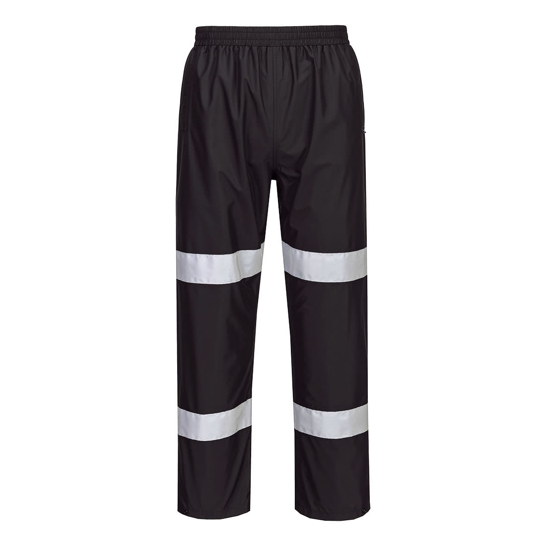 Black lightweight packable trousers with reflective white stripes and an elastic waistband. Features a logo. Iona Enhanced Lightweight Packable Trousers - Image 1