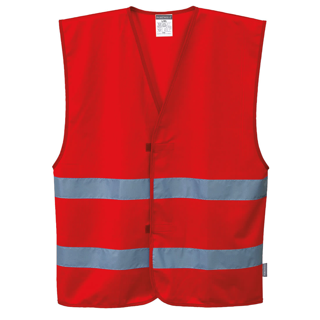 A red safety vest featuring two reflective bands and a front opening. It has a logo on the label. Iona Vest - Image 1