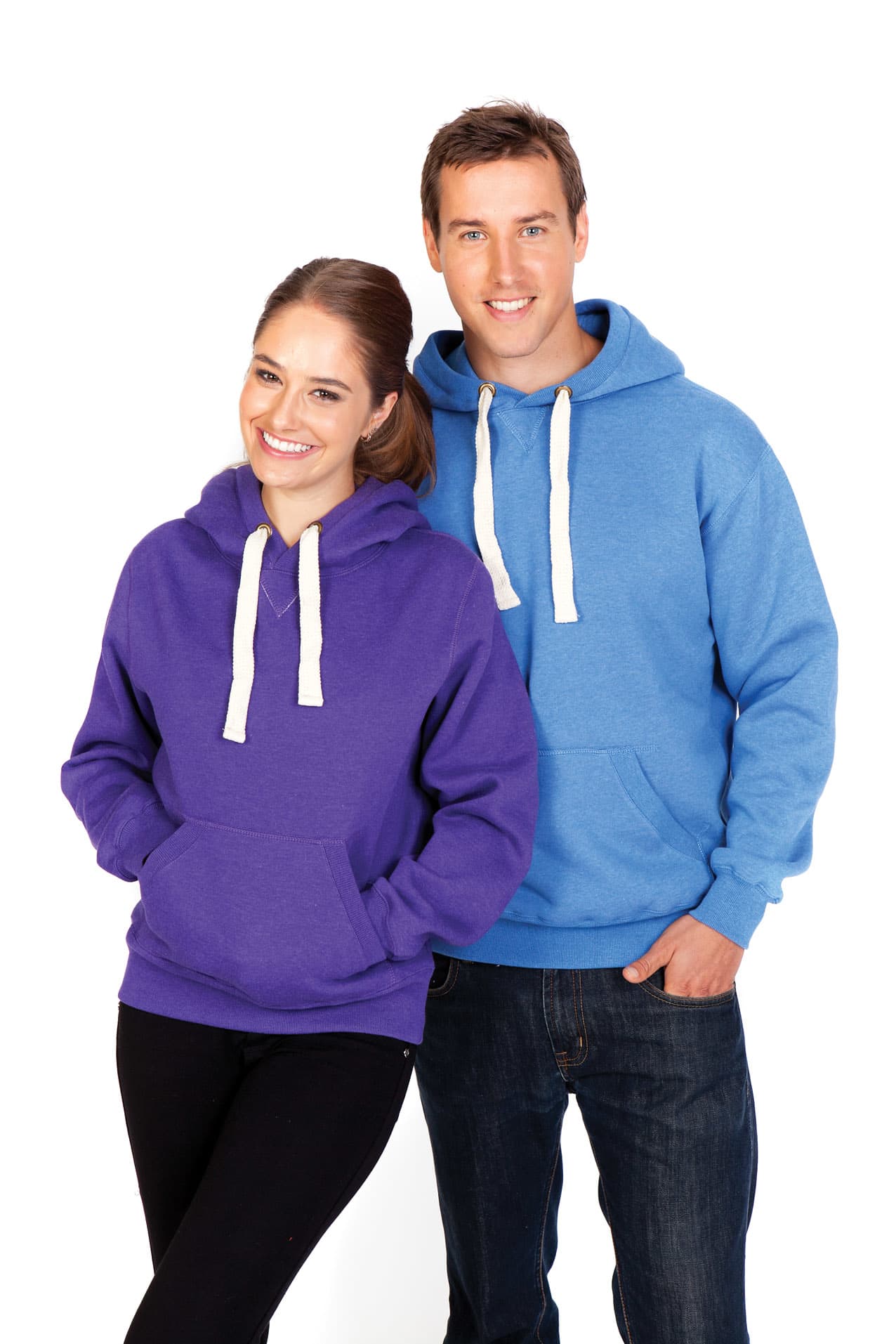 A purple and a blue men's brushed heavy fleece hoodie worn by a woman and man, both smiling. The hoodies have white drawstrings. Mens Brushed Heavy Fleece Hoodie - Image 1