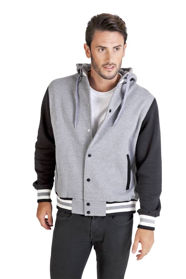 A men's varsity jacket and hood in grey and black, featuring a two-tone design and front pockets. Men's Varsity Jacket & Hood - Image 1