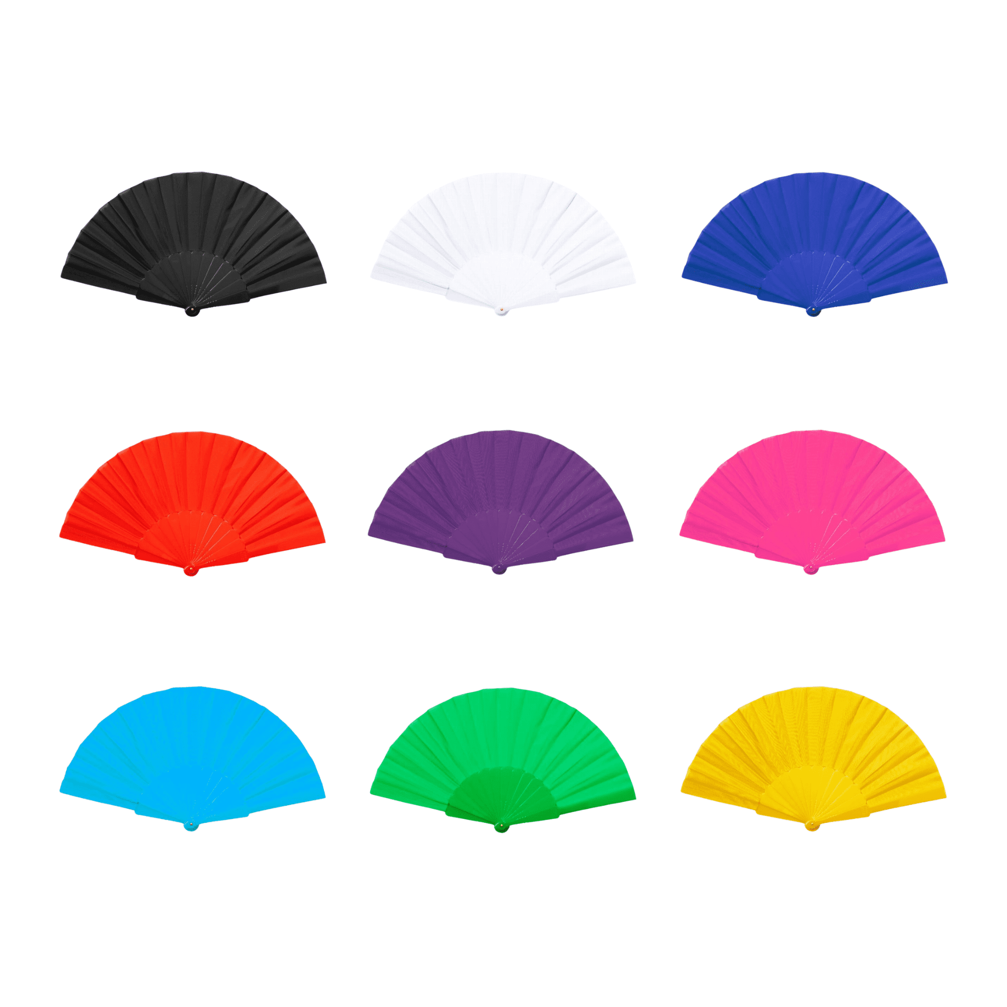 A foldable fan displayed in black, white, blue, pink, green, purple, red, and yellow, featuring a logo. RPET Foldable Fan - Image 1