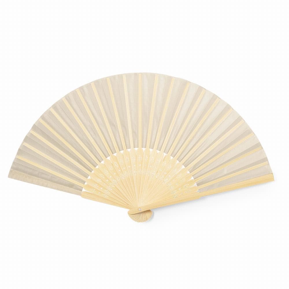 A Bamboo Hand Fan featuring natural bamboo ribbing and a light, neutral fabric. It has a simple design with a logo. Bamboo Hand Fan - Image 1