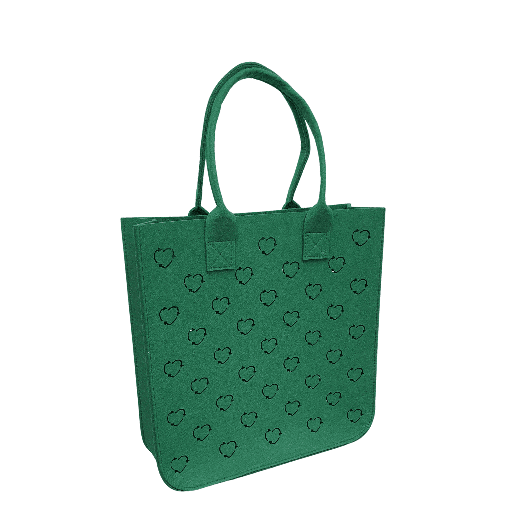 A green felt tote bag with a pattern of small hearts and two sturdy handles, featuring a logo. Fancy Pants rPET Felt Shopper - Image 1