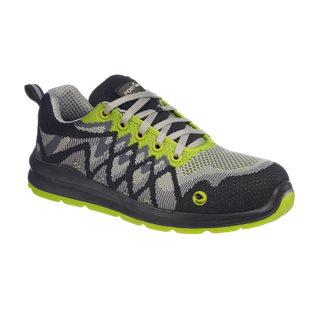 A black and lime safety shoe with a breathable upper and a sturdy sole, featuring a logo on the side. Compositelite Eco Runner S1P - Image 1