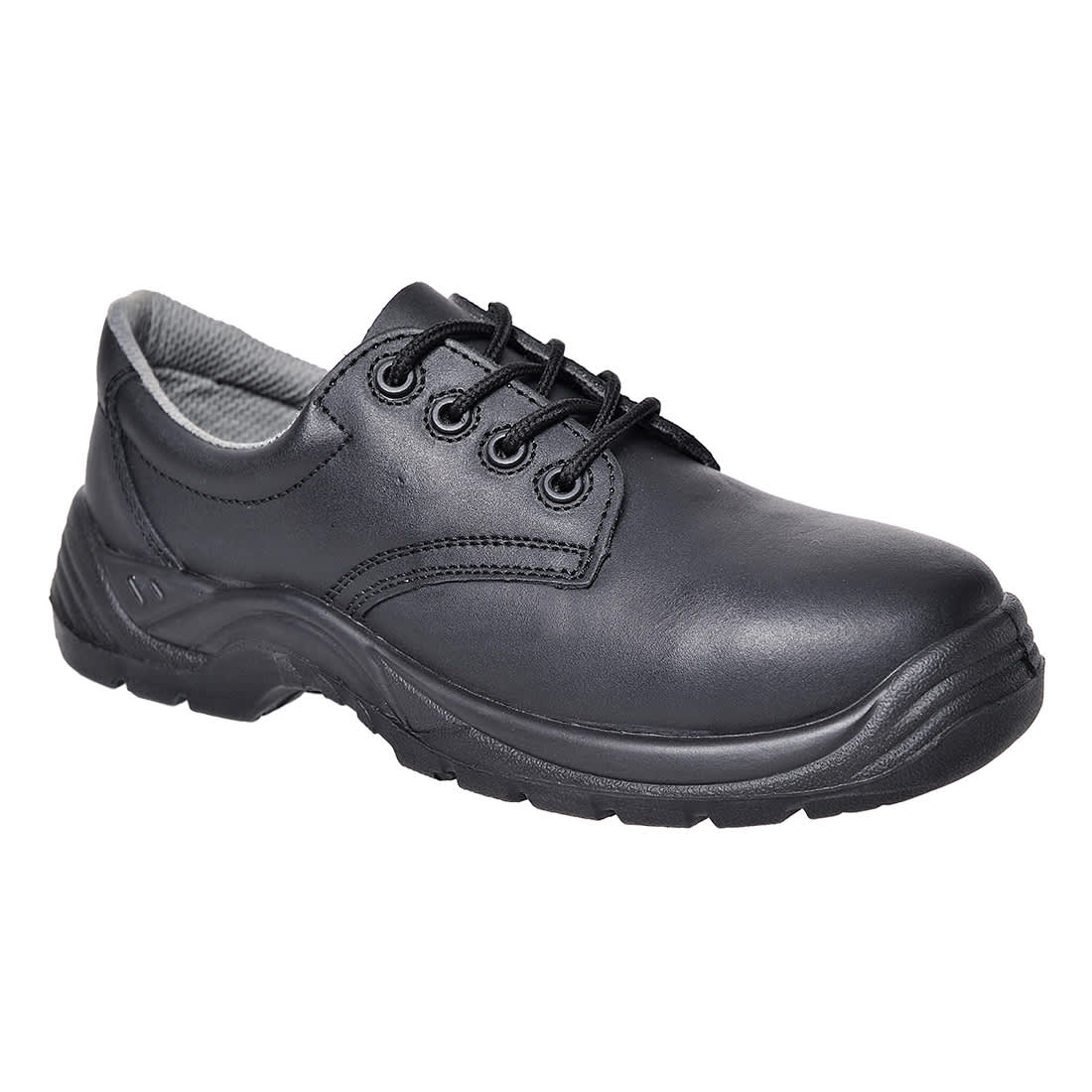 A black leather low shoe with a moulded rubber sole and laces, featuring a textured design and a grey interior. Composite Action Leather Low Shoe S1P SRC - Image 1