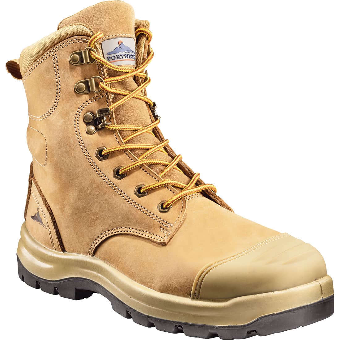 A tan safety boot featuring metal eyelets, laces, and a reinforced toe cap. It has a logo on the tongue. Rockley Safety Boot - Image 1