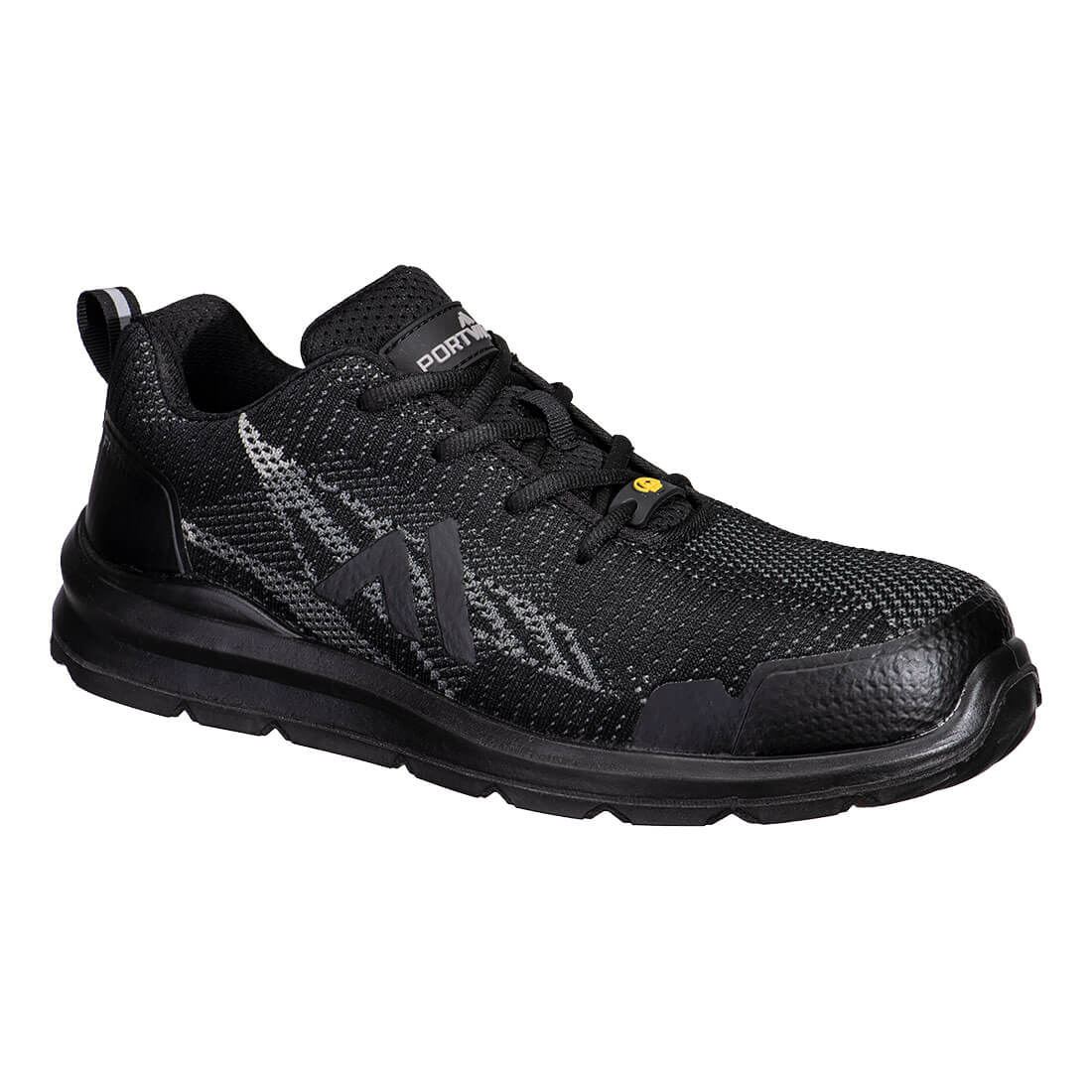 A black composite textile trainer with grey accents and a logo, featuring a sturdy sole and protective toe cap. Composite Textile Trainer S1PS ESD SR FO - Image 1